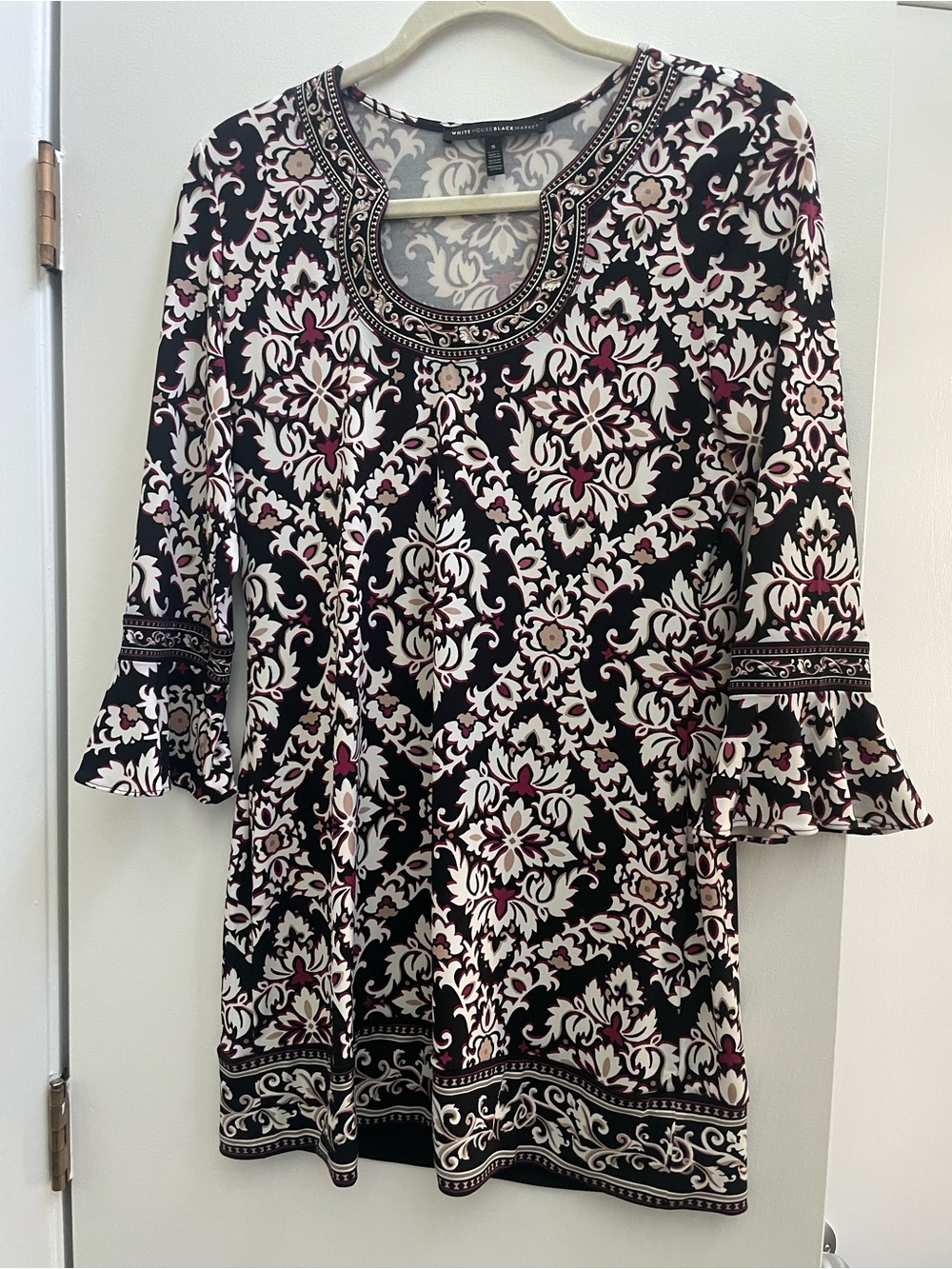 White House Black Market Black, White & Burgundy Patterned Tunic Dress